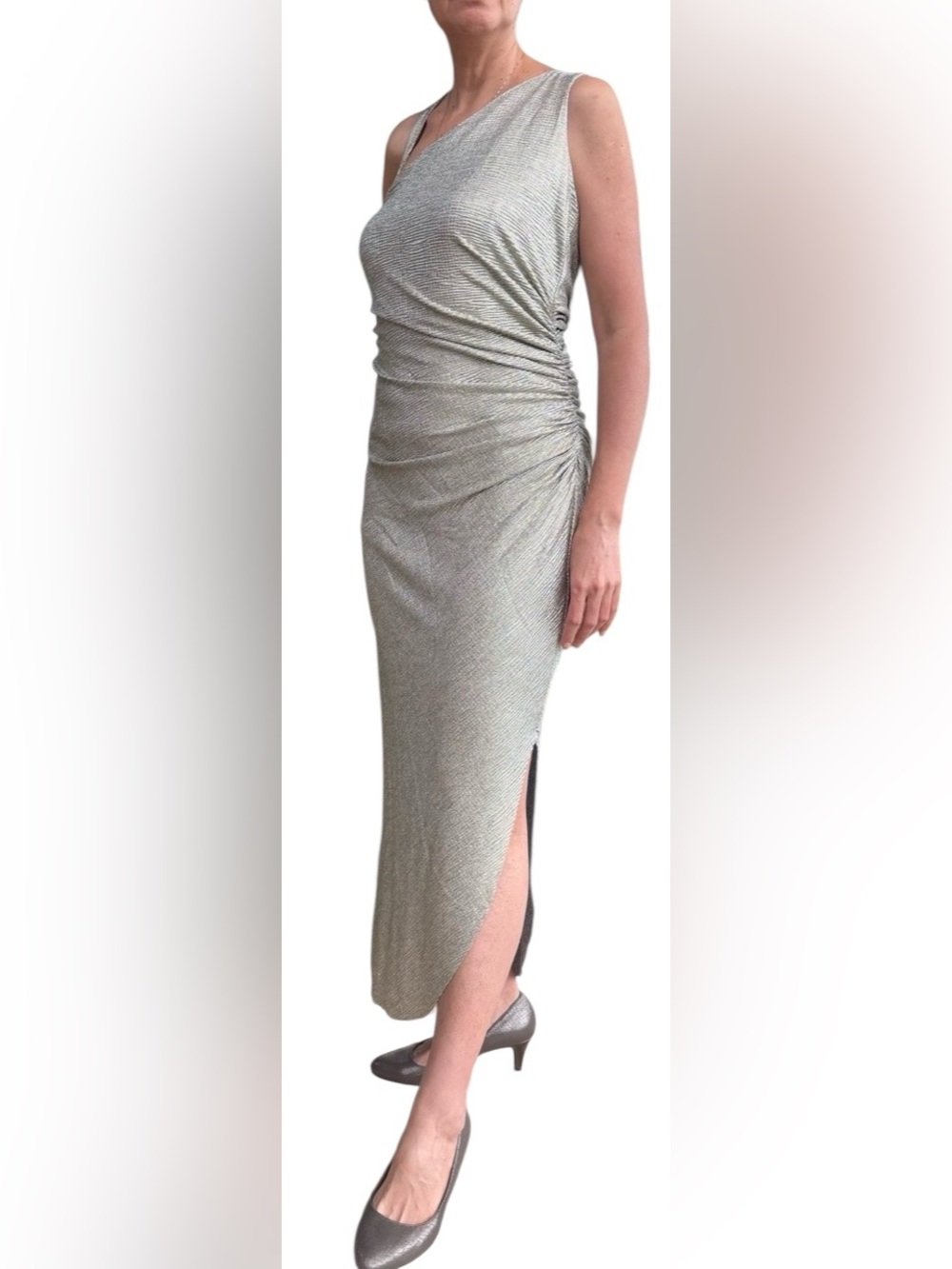 Silver Metallic One-Shoulder Evening/ Formal dress. Ruched waist, side slit. M